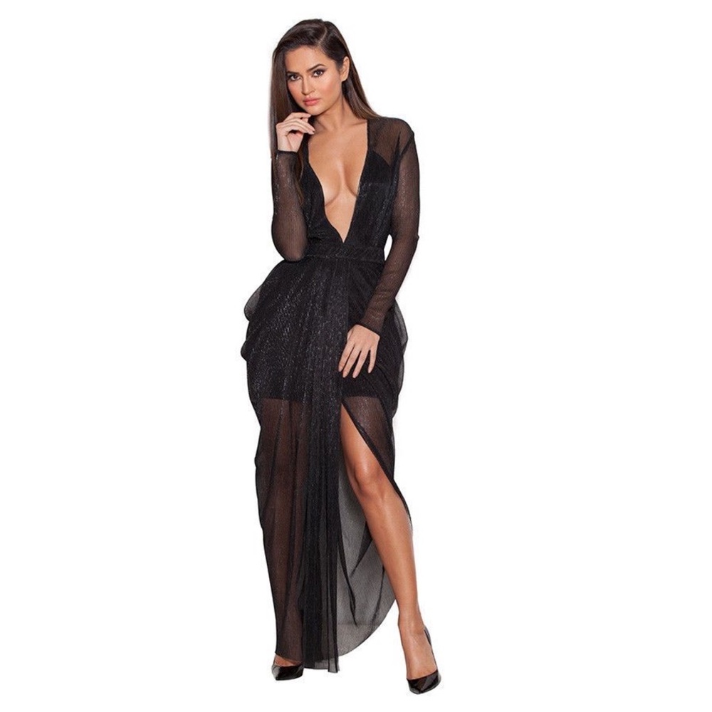 ❌SOLD ❌ House of CB “Blanca” black shimmer sheer chiffon maxi dress.